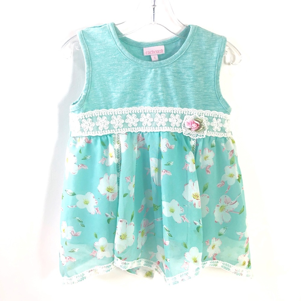 CachCach Girls Size 6 Teal Pink Floral Lace DRESS